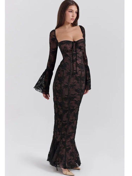 Elegant Long Sleeve Mesh Patchwork Lace Print Dress Women Sexy Bodycon Maxi Vestido Autumn/Winter Party Evening Dress