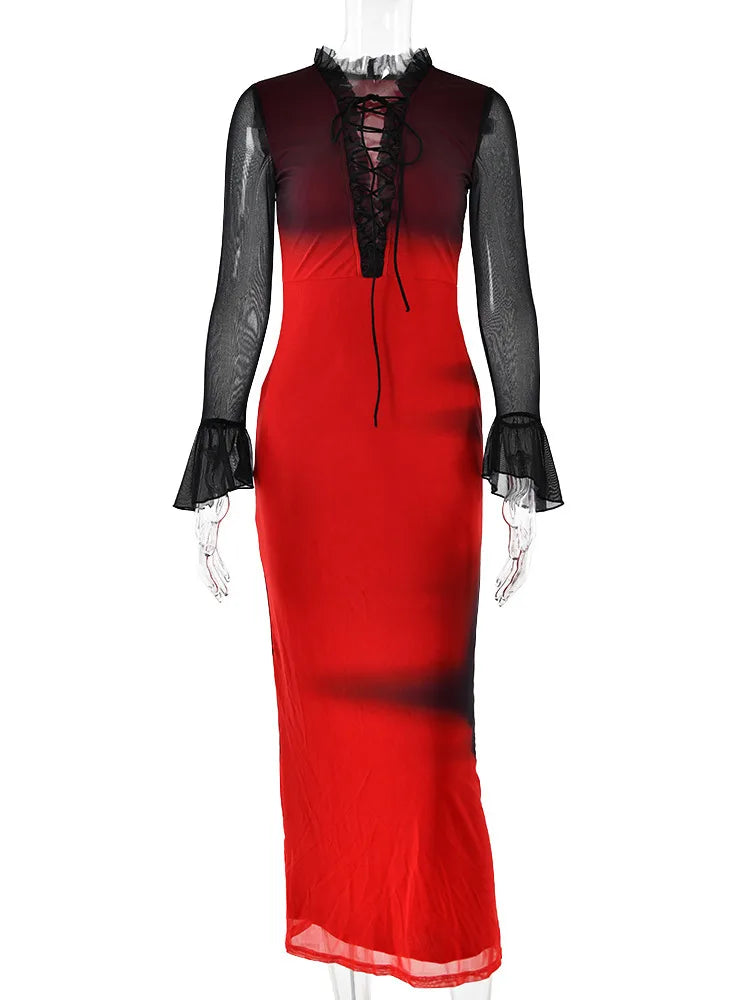 Elegant Long Sleeved Lace Up Elastic Tight Tie Dye Gradient Women Evening Dress Bodycon Sexy Female Dress Party Vestido