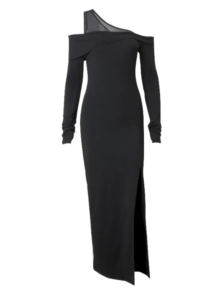 Elegant Mesh Patchwork Women Dress Fall New Sexy High Split Bodycon Long Sleeve Party Evening Dress Slim Vestido