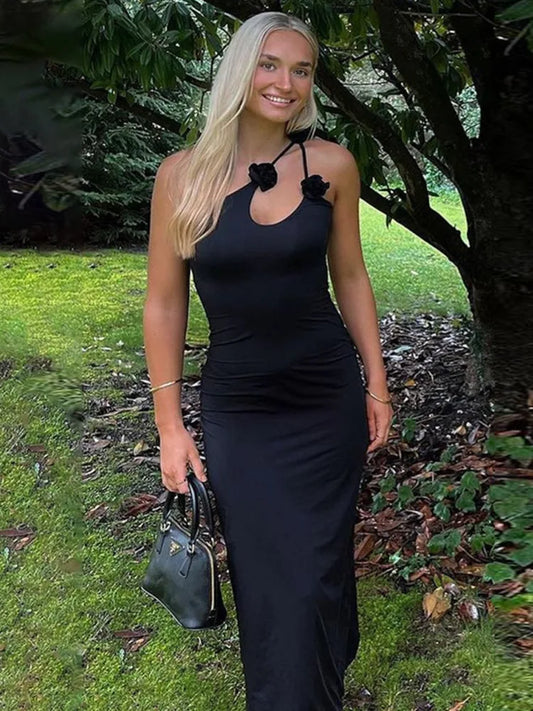 Elegant Sleeveless Irregular Bodycon Women Evening Dress Fall New Flower Ornament Shoulder Vestido Sexy Long Dress