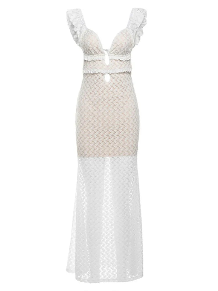 Elegant Sleeveless Lace Up Hollow Out Bodycon Women Dress Fall New V-neck Backless Party Evening Dress Slim Vestido