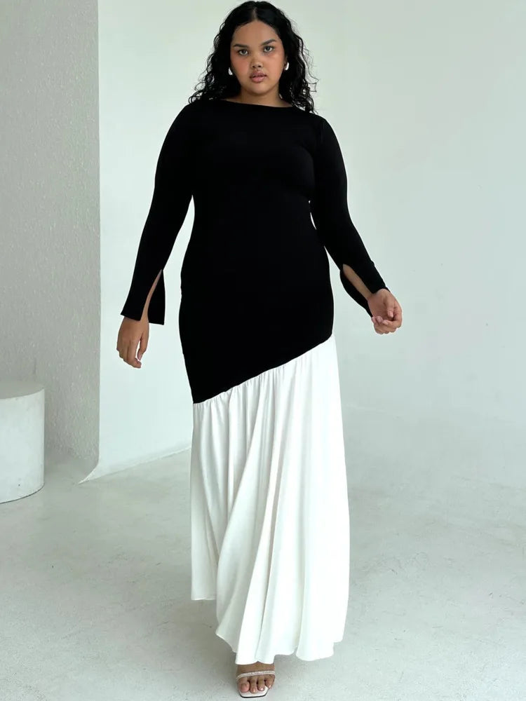 Fashion Long Sleeved Patchwork Bodycon Women Dress Round Neck Slim Elastic Autumn Winter New 2025 Pleated Maxi Vestido