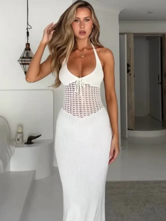 Sexy Sleeveless Bodycon Evening Dress For Women Autumn New Fashion Hanging Collar Low Cut Backless Knitted Hollow