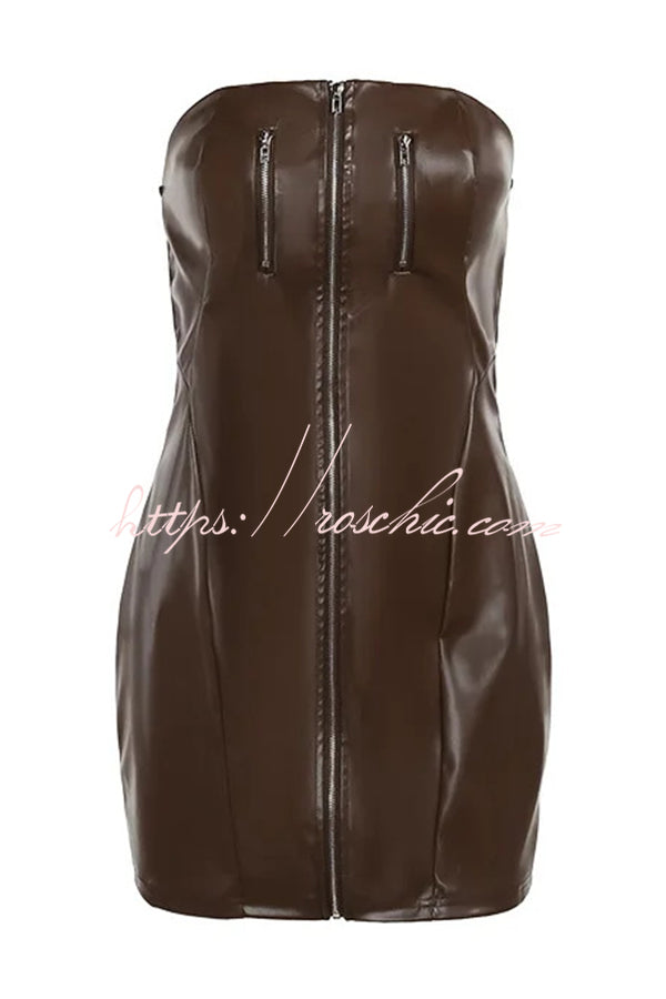 Sexy Off Shoulder Zippered Slim-fit Leather Mini Dress