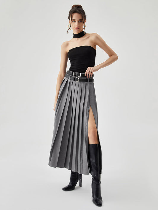 Pleated Split Maxi Trendy Skirt