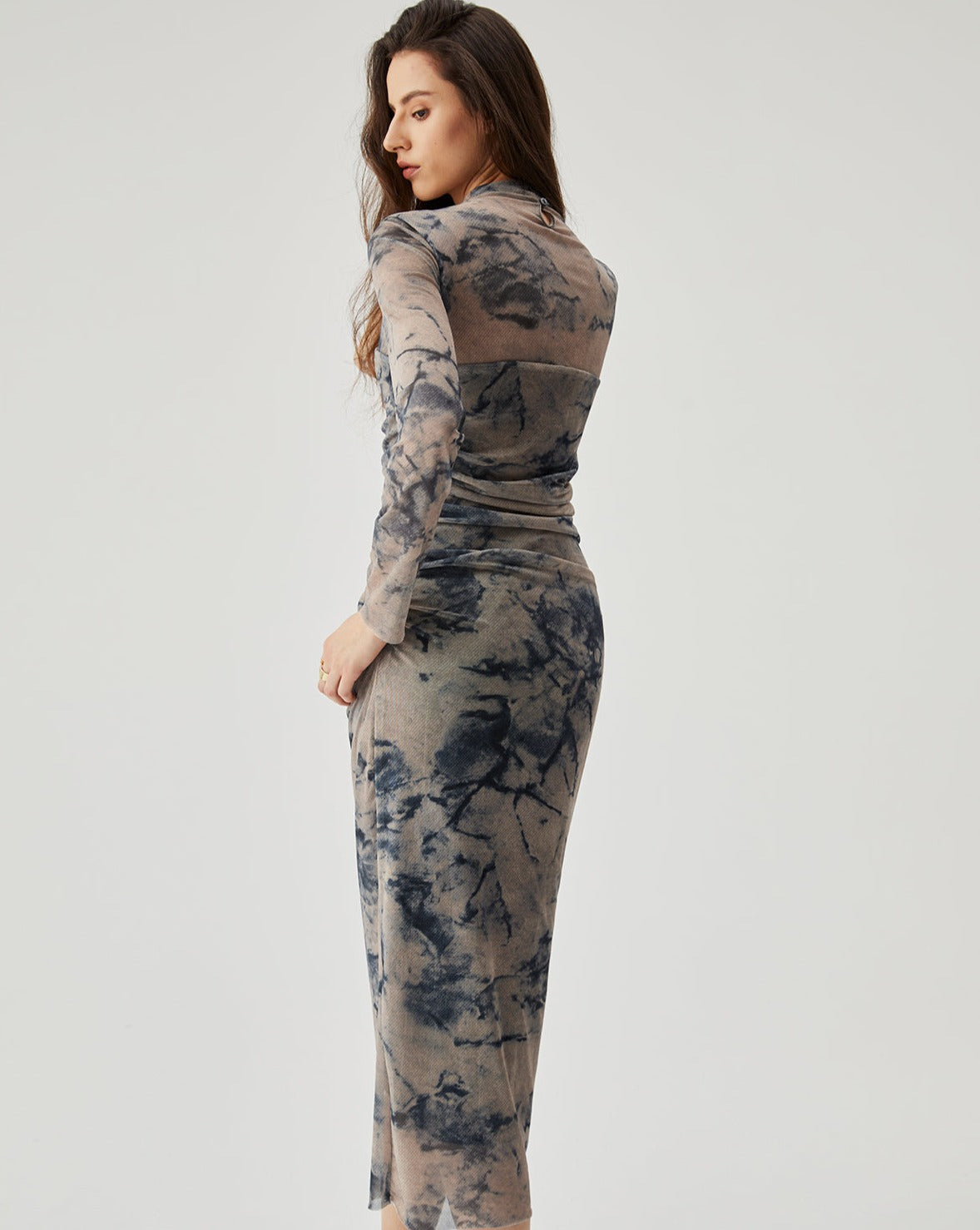 Mesh Floral Print Ruched Long Sleeve Midi Dress