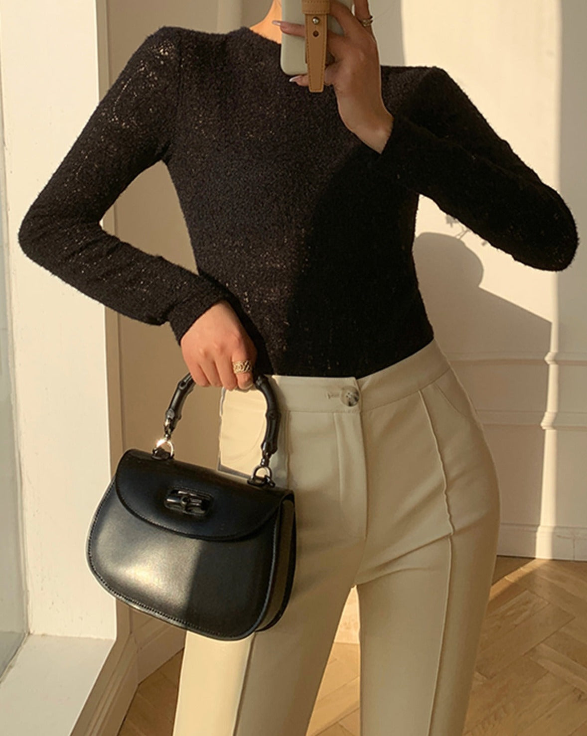 Floral Hollow Knit Crew Neck Long Sleeve Top