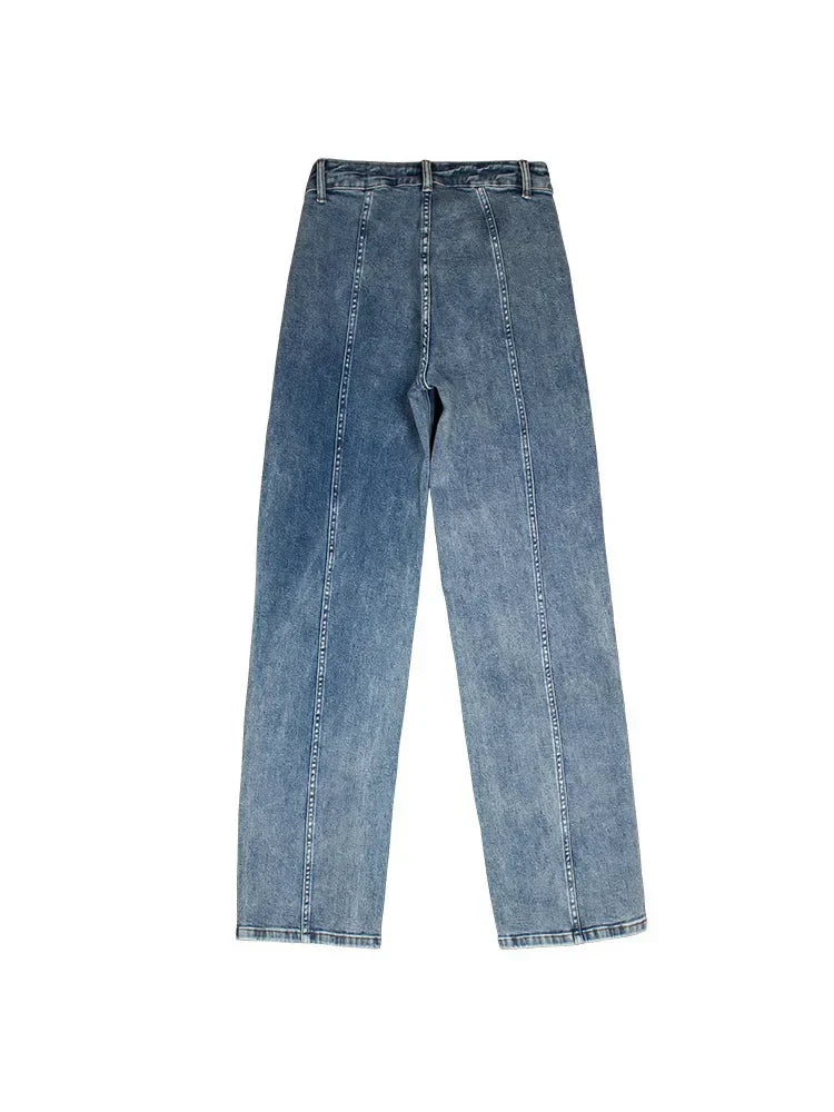 Ladies Fashion Blue Wide Leg Trousers For Women Mid Waisted Loose Casual Straight Denim Jeans