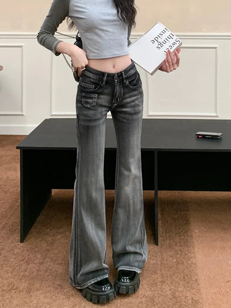 Retro Flare Women Y2k Streetwear Casual Fashion Washed Black 2025 New Jeans