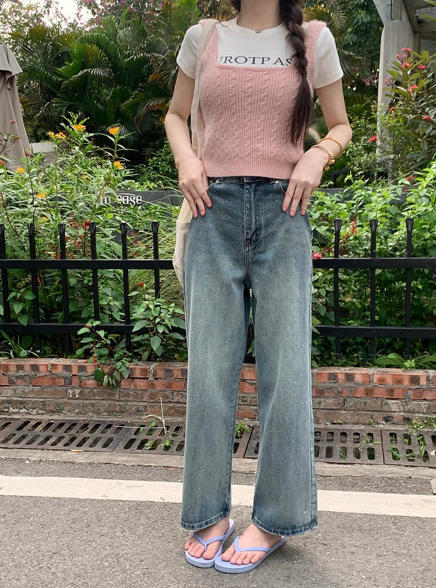 Women's Diamond High Waist Washed Casual Streetwear Blue Retro Straight Wide-Leg 2025 Jeans