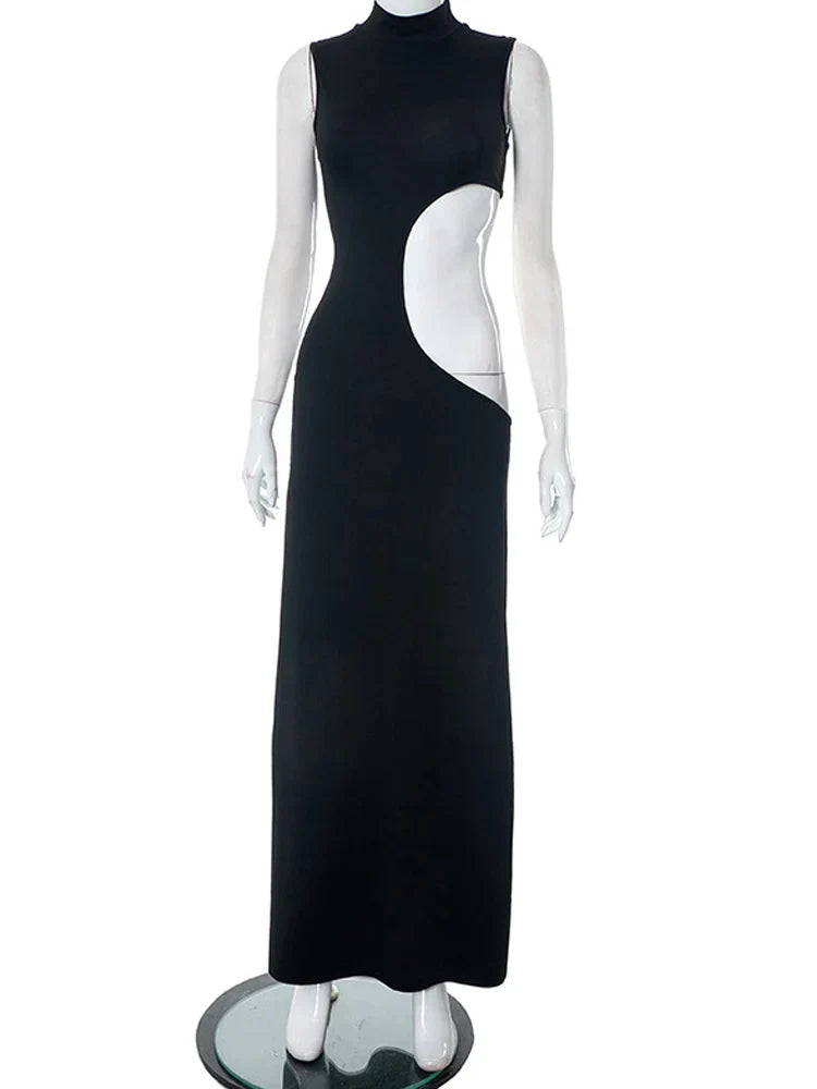 Hollow Out Sexy Sleeveless High Waist Bodycon Elegant Fashion Evening Party Maxi Dresses