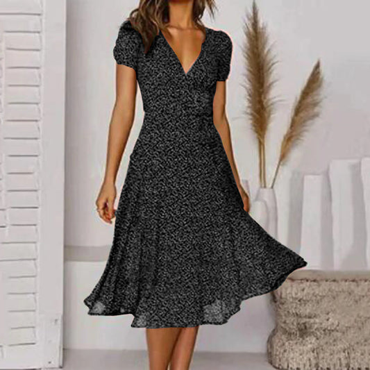 Bohemian Summer Women 2025 Short Sleeve V Neck Tie Waist A-Line Vacation For Women Fashion Holiday Sun Midi Dress
