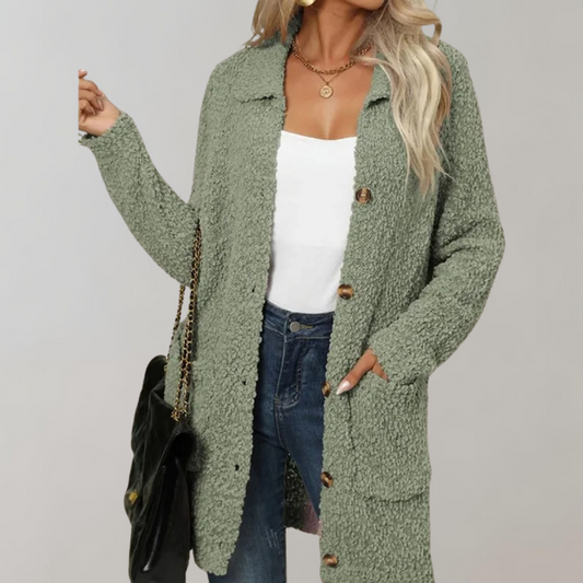 Elegante cárdigan largo de sherpa con bolsillos para mujer | Ideal para otoño/invierno