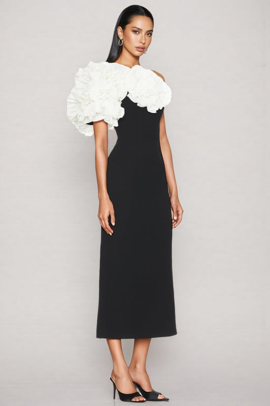 Zephyr Black 3D Floral Midi Dress