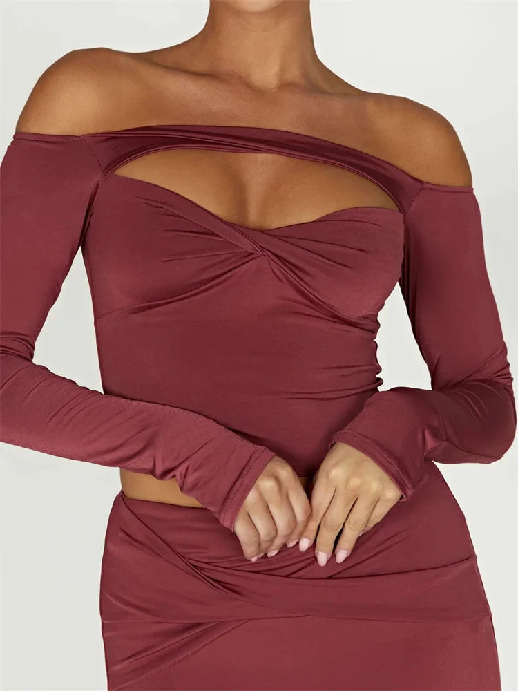 FashionSierra - Front Cutout Sexy Long Sleeve Streetwear Slash Neck Off Shoulder Bodycon Solid Tee
