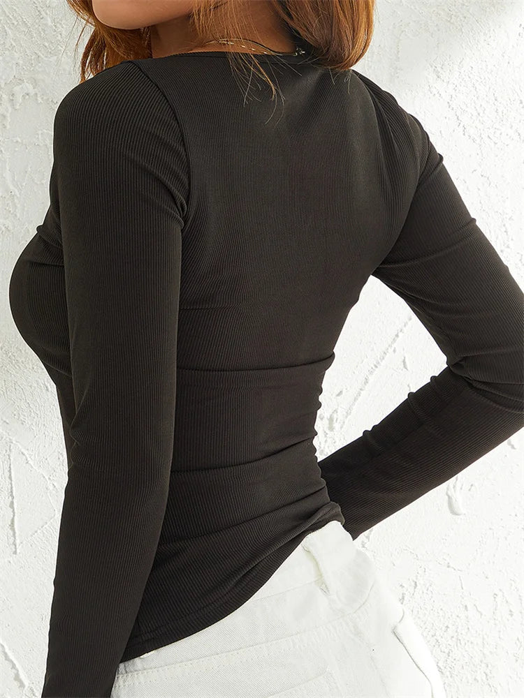 FashionSierra - Lace Patchwork V-neck Long Sleeve for Women Ribbed Ruched Slim Fit Black Basic Spring Autumn Tee