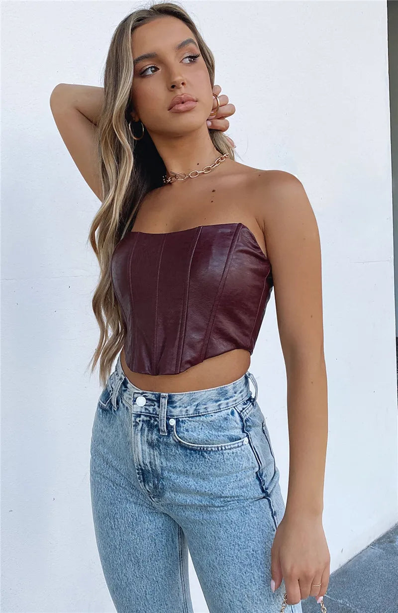 FashionSierra - 2025 PU Leather Tube Bustiers Corsets Strapless Off Shoulder Tank Vest Bodycon Slim Push Up Outwear Crop Tops