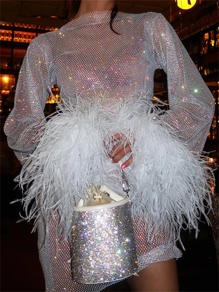 FashionSierra - Sexy Fur Feather Mesh See Through Long Sleeve Mini Dress