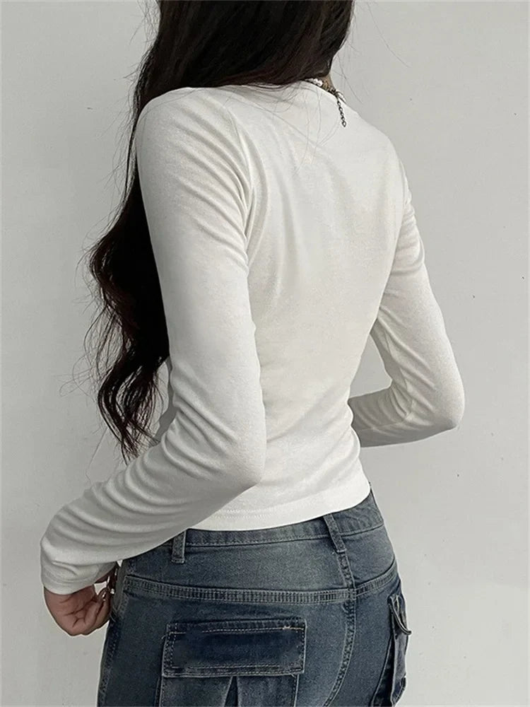 FashionSierra - 2025 Vintage Spring Fall Square Neck Ruched Basic Fashion White Long Sleeve Lace Trim Tie Up Tee