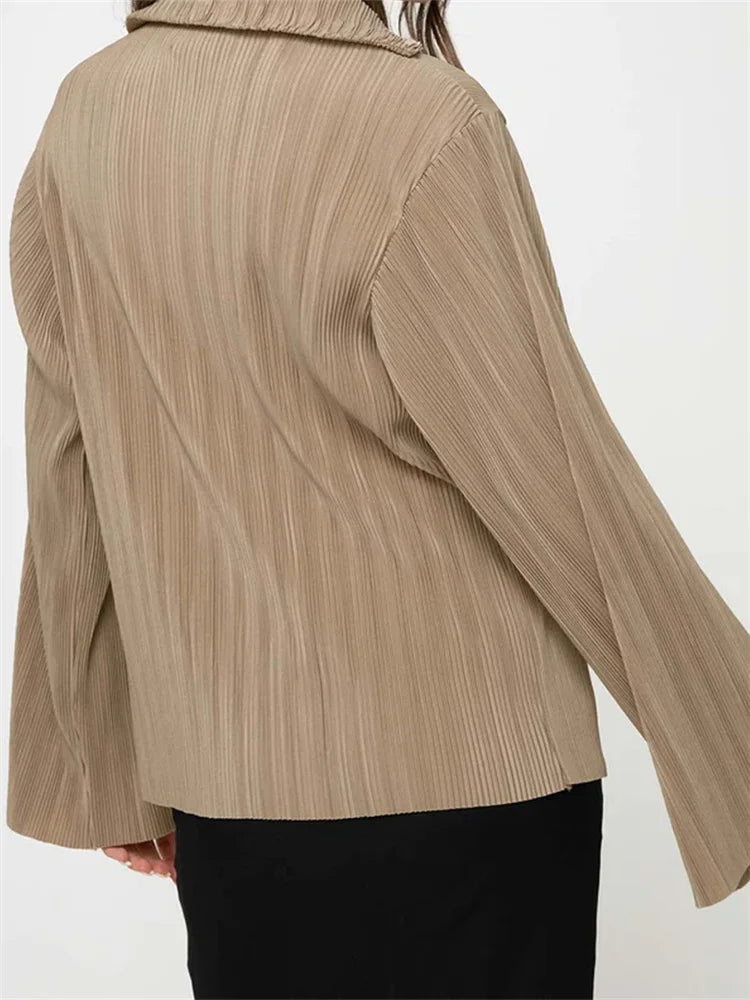 Women's Button Down Solid Color Pleated V-neck Long Sleeve Loose Cardigan Streetwear Blouse