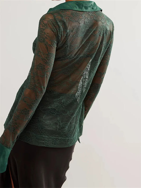 Women's Button Down Mesh See Through Patchwork Turn-Down Collar Long Sleeve Casual Blouse