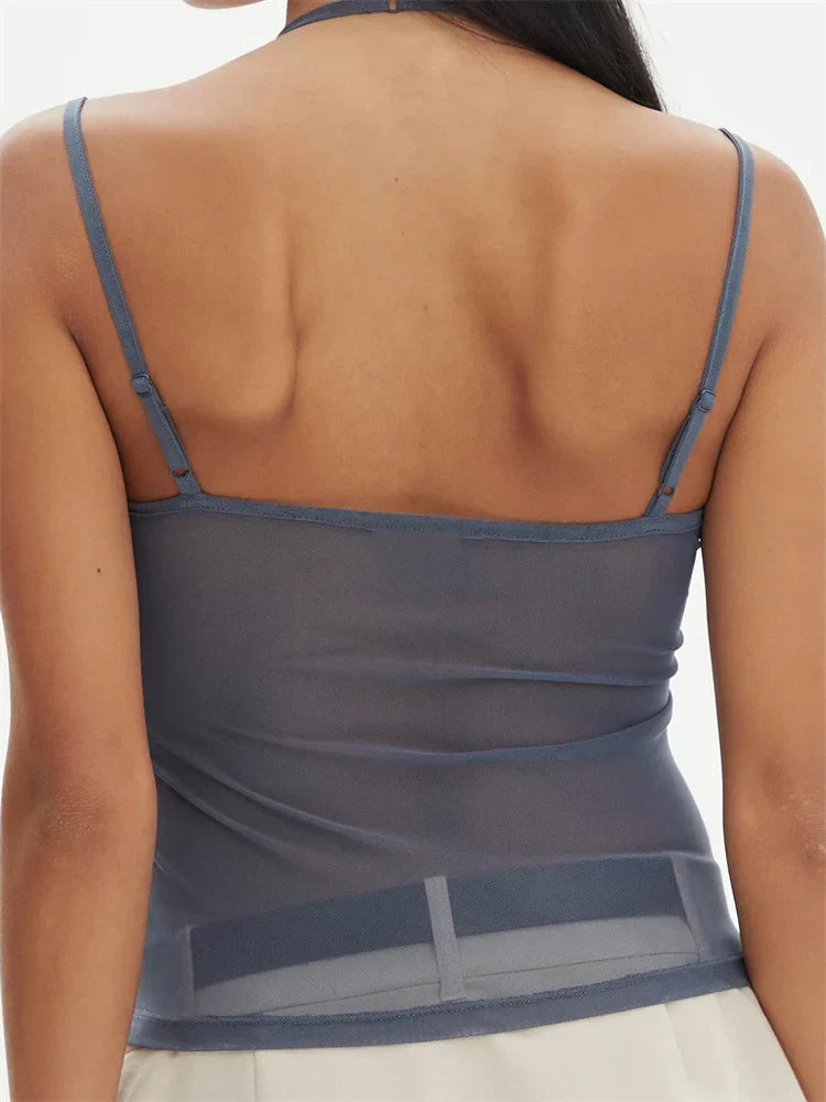 Sleeveless Strap Crop V-neck Backless Patchwork Slim Fit Summer Mesh See Through Elegant Gorgeous Stylish Cami Top