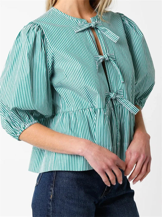 Women's Front Split Bowknot Tie-up Short Puff Sleeve Round Neck Loose Ruffles Blouse