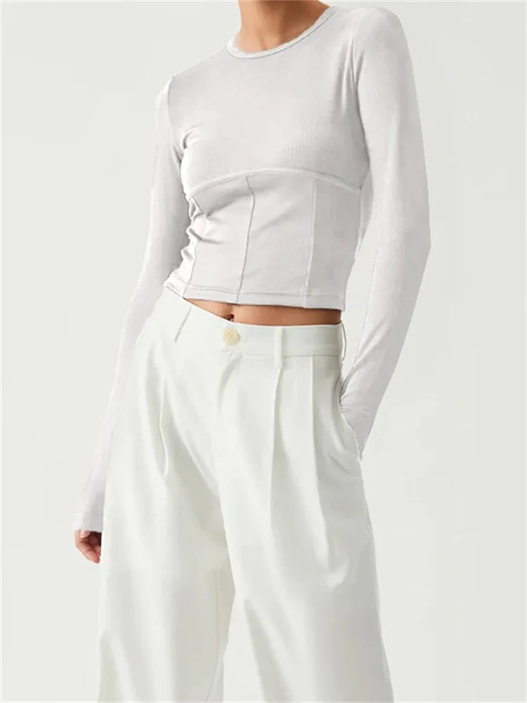 FashionSierra - Long Sleeve Basic Solid Color Round Neck Slim Fit Cropped for Spring Autumn Streetwear Tee