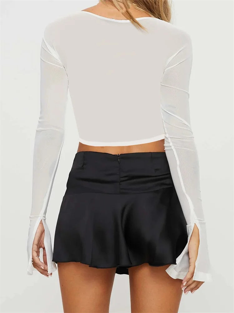 FashionSierra - Mesh Patchwork Long Flare Sleeve Low Cut Lace Trim Elegant Square Neck Ruched Tee