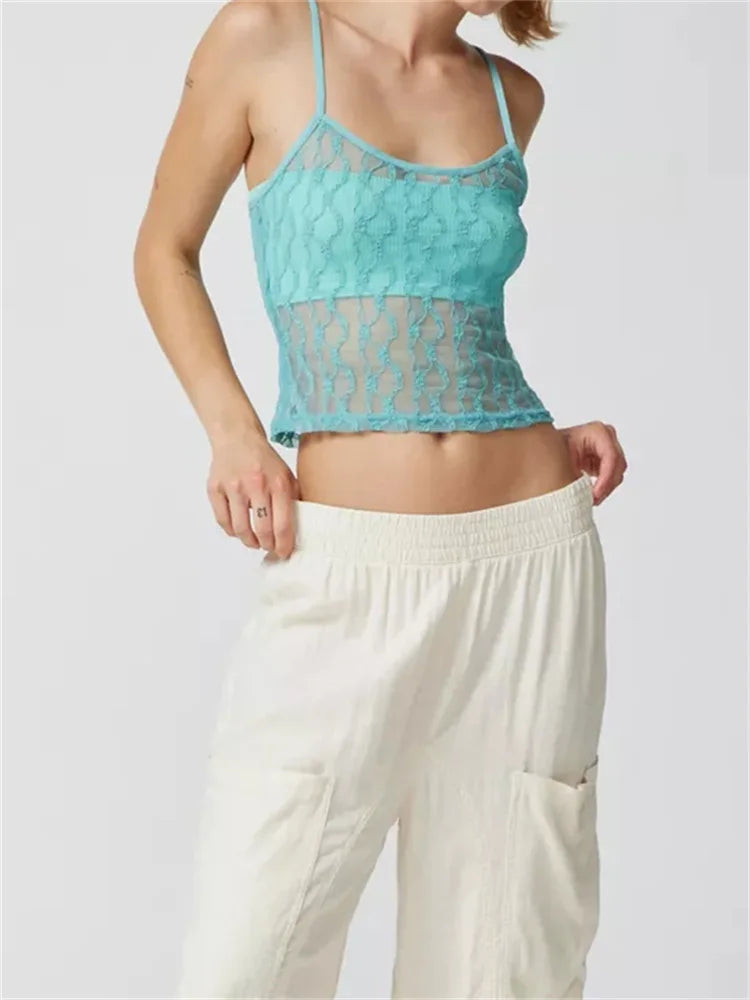 FashionSierra - 2025 Mesh Sheer Camis Slim Lace Embroidery See Through Square Neck Sleeveless Solid Short Vest for Summer Crop Tops