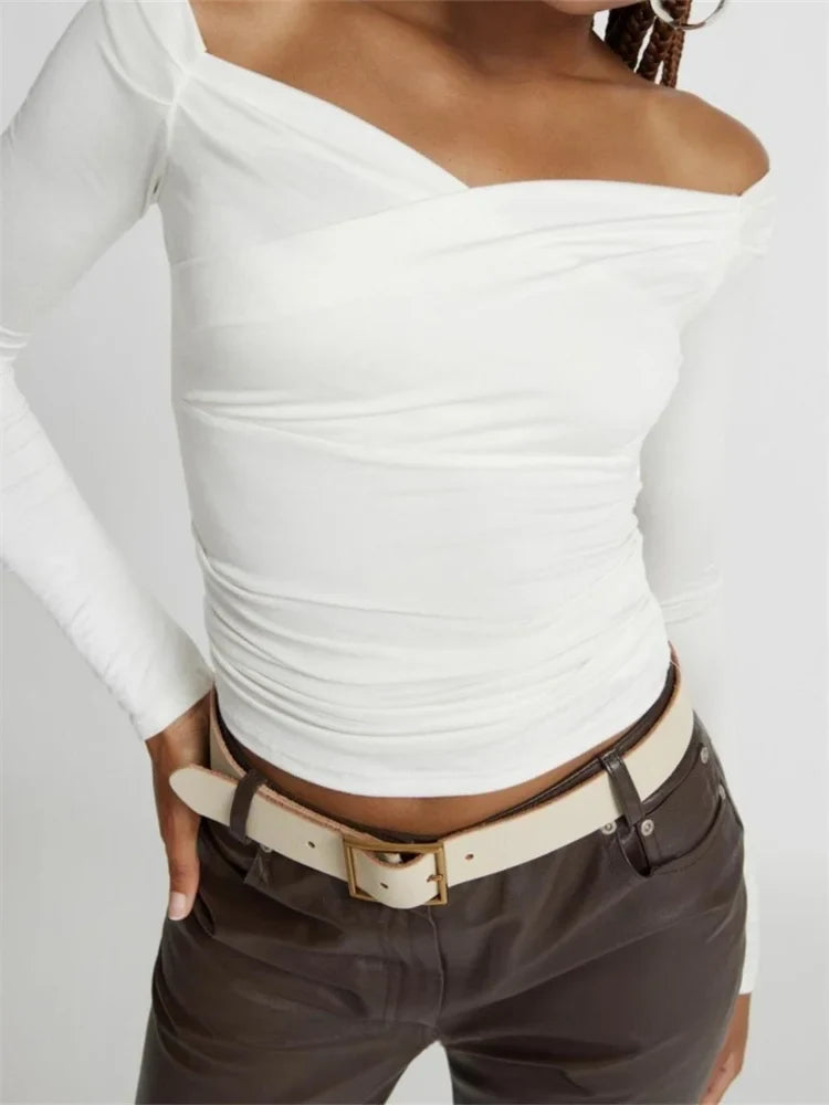 FashionSierra - Sexy Low Cut Off Shoulder Long Sleeve Solid Color Slim Fit Ruched Streetwear New Tee