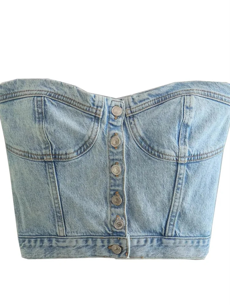 FashionSierra - 2025 Sexy Tube Sleeveless Buttons Up Bustiers Corsets Denim Off Shoulder Cropped Tank Mini Vest Crop Tops