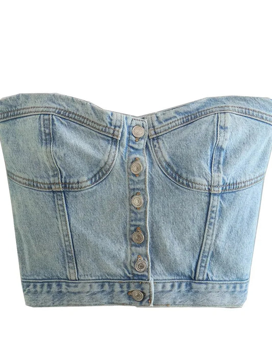 FashionSierra - 2025 Sexy Tube Sleeveless Buttons Up Bustiers Corsets Denim Off Shoulder Cropped Tank Mini Vest Crop Tops