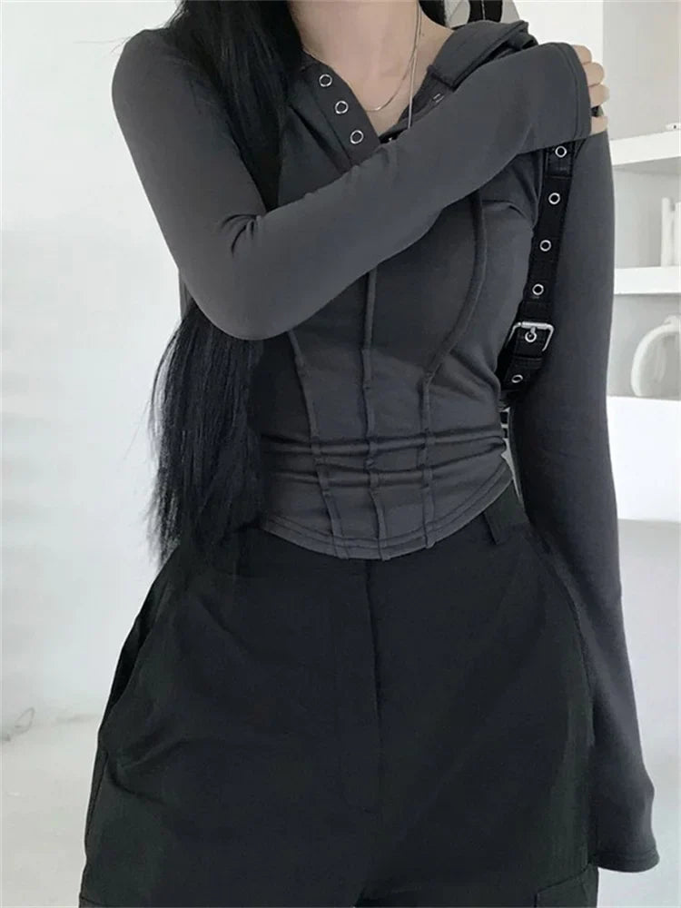 FashionSierra - 2025 Spring Autumn Ruched Slim Fit Long Sleeve Buttons Up Drawstring Hooded Irregular Hem Tee