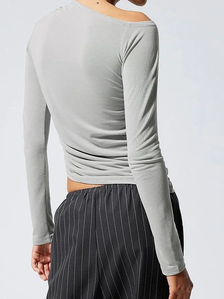 FashionSierra - 2025 Spring Autumn Slim Fit Ruched Long Sleeve Irregular Hem Off Shoulder Basic Pullovers Tee