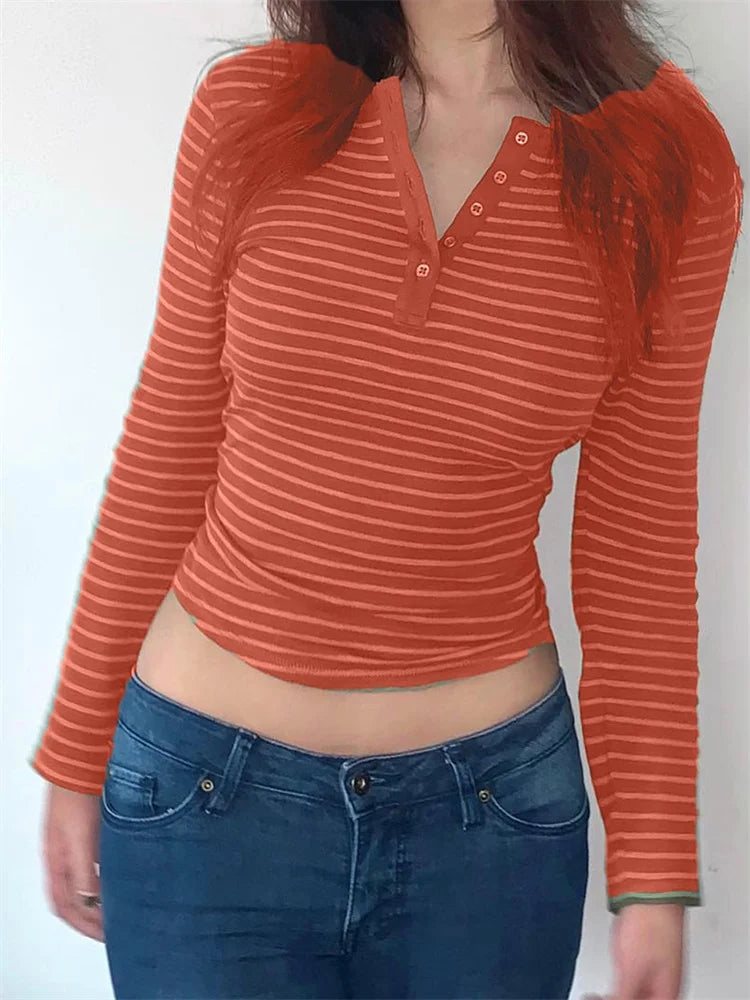 FashionSierra - 2025 Spring Autumn Striped Casual Long Sleeve Buttons Up Slim Fit V-neck Basic Streetwear Tee