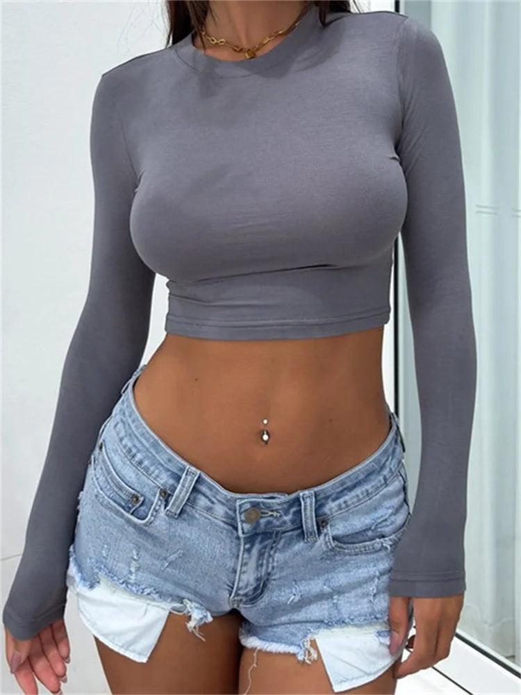 FashionSierra - 2025 Spring Fall Long Sleeve Solid Slim Pullovers Casual Streetwear Female Base Tee