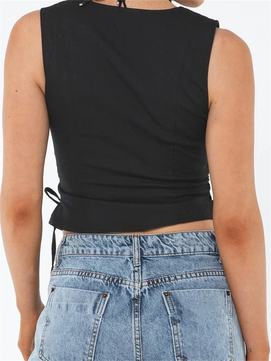 FashionSierra - 2025 Slim Tank Solid Color Front Buttons Up Mini Vest Side Criss-Cross Tie-Up Waistcoat Streetwear Crop Tops