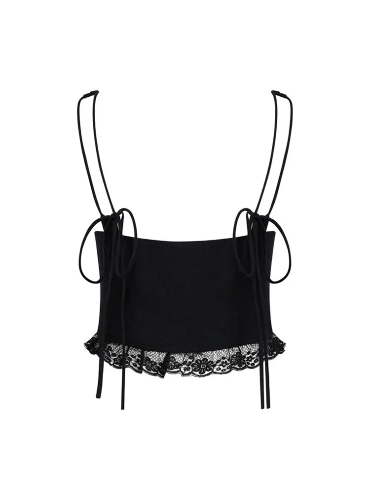 FashionSierra - 2025 Lace Front Tie-up Fairy Grunge Spaghetti Strap Camisole Cute Mini Vest Streetwear Crop Tops