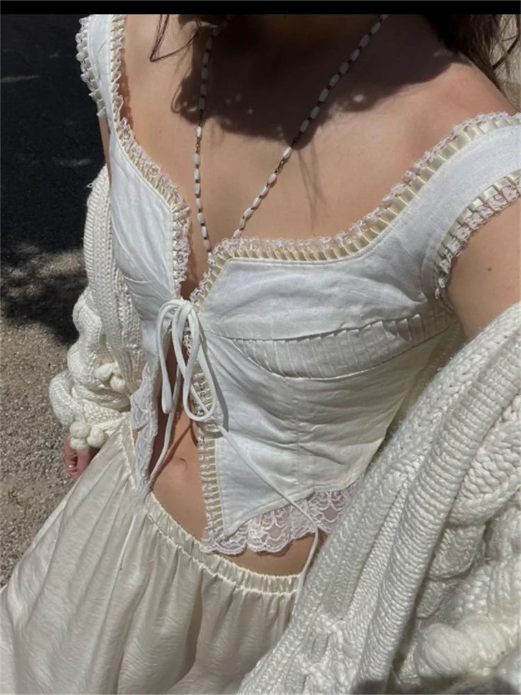 FashionSierra - 2025 Floral Lace Patchwork Vest Top Sleeveless Low-Cut Tie-Up Chest Vintage Summer Camis Irregular Hem Tank Crop Tops
