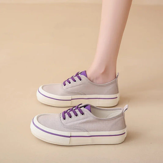 Canvas Lace Up Shallow Casual Shoes Round Toe SSolid Color Comfort Runner Outsole Sweet Novelit Shoes For Women Concise Fashion