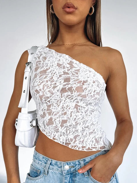 Lace Slant Neck Off Shoulder Irregular Hem Top Sexy See Through Solid Color One Shoulder Sleeveless Crop Backless Top