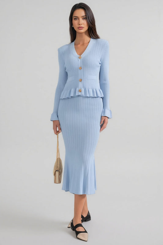 Yuri Blue Long Sleeve Fishtail Midi Dress Set