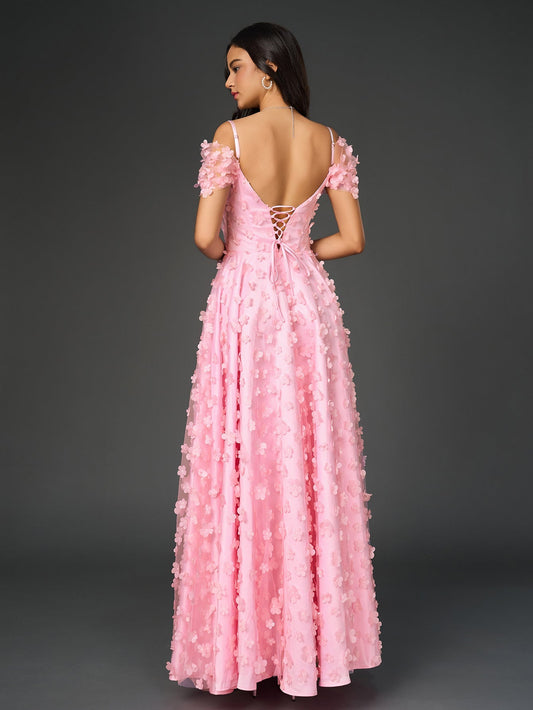 Deep V-Neck Crisscross Back Floral Applique Decoration Prom Dress