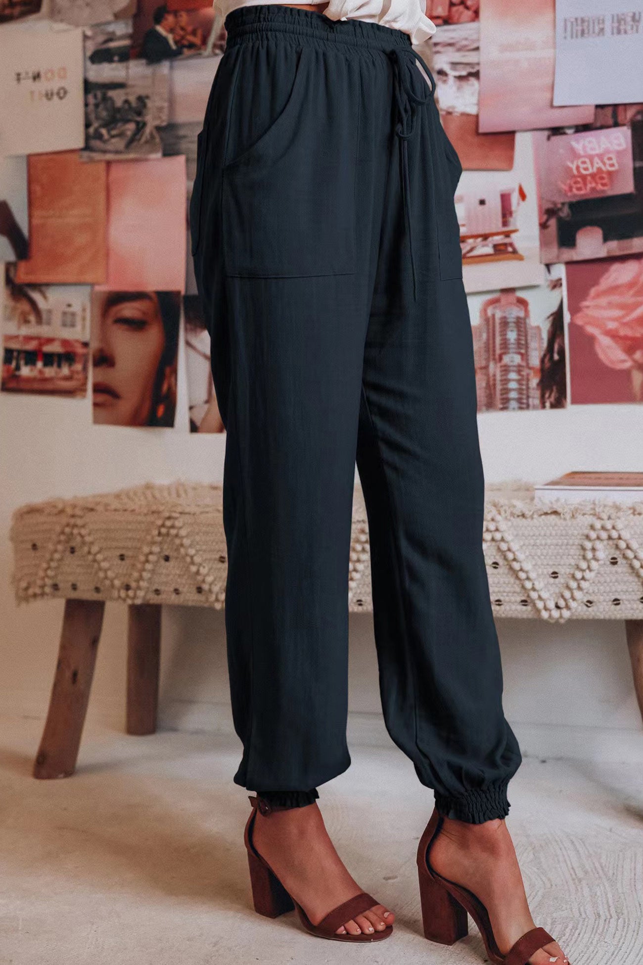 Drawstring Solid Color Loose Long Pants