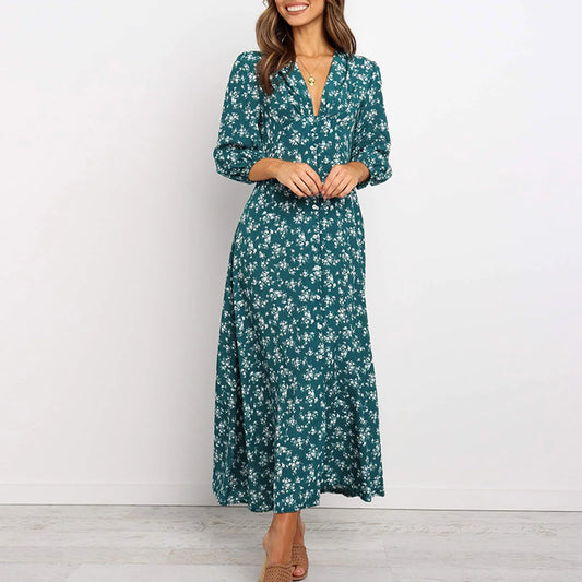Offer Liquidation V-Neck Long Sleeved High Waisted Chiffon Print Holiday Women's Boho Dress