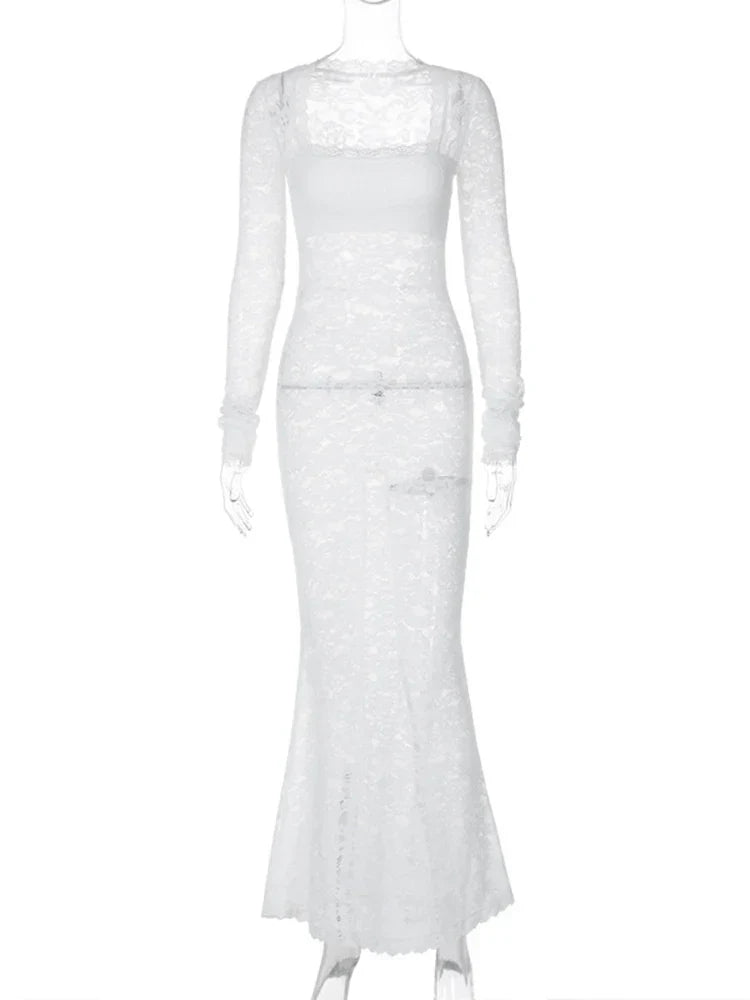Sleeve See Through Black Sheer Midi Party Club Streetwear Y2K Maxi Dress Women