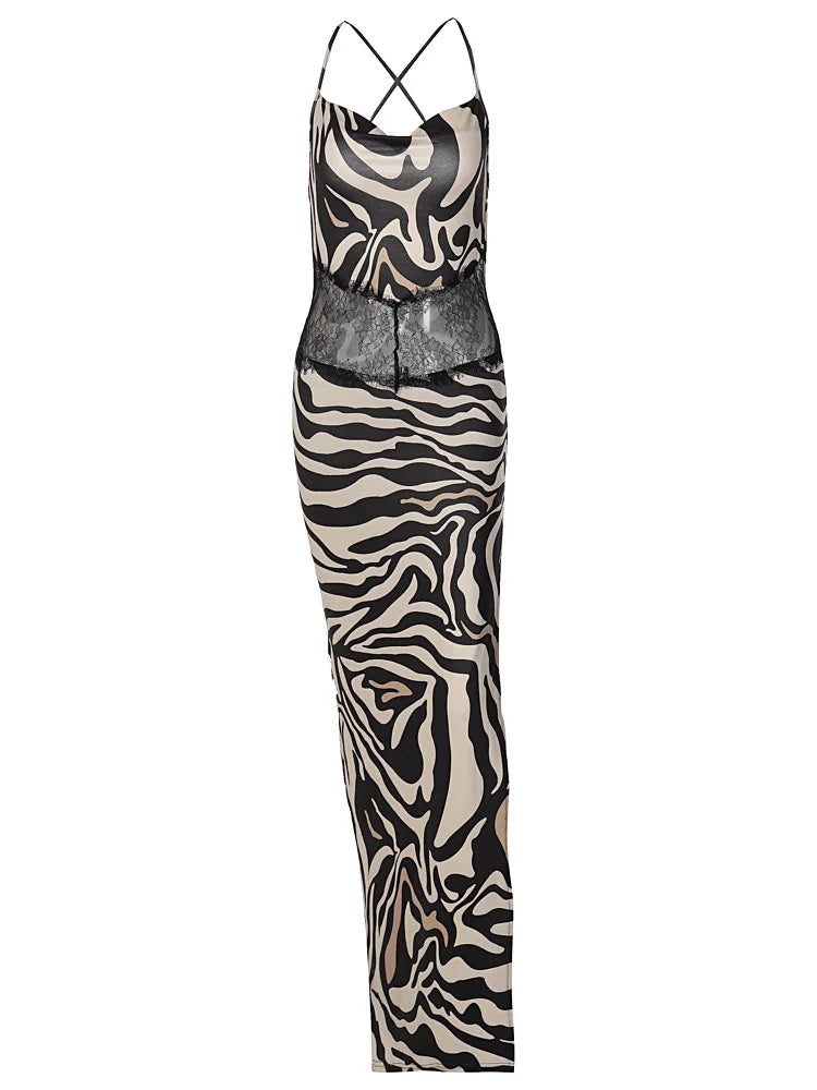 Zebra Print Side Slit Patchwork Backless Sexy Party Club 2025 Summer Maxi Dress Women