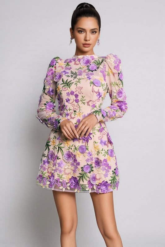 Taina Purple Flower Embroidered Mini Dress
