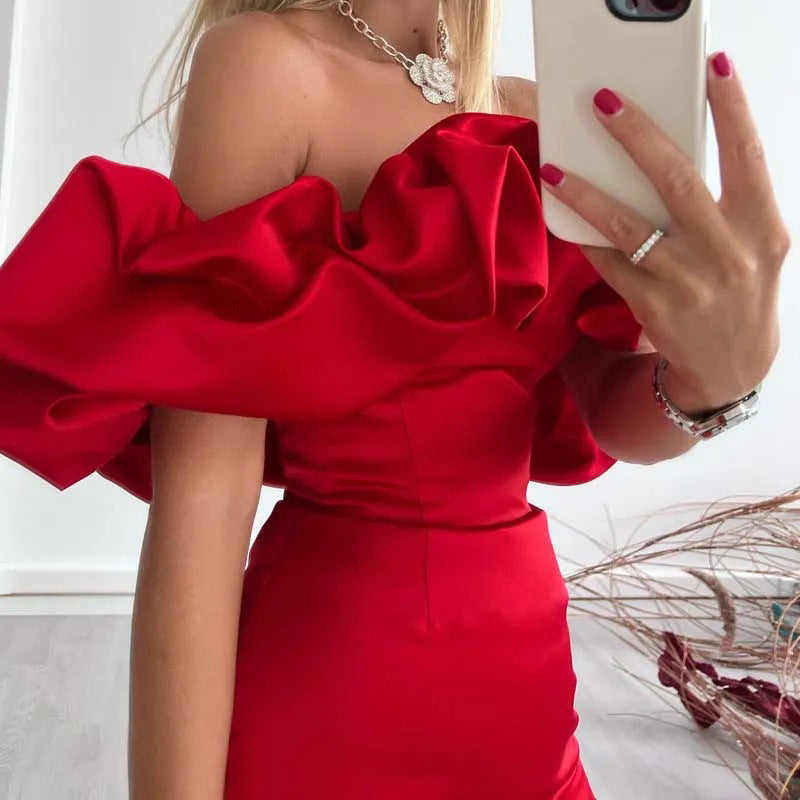 Elegante vestido de cóctel para mujer con volante y hombros descubiertos | Ideal para primavera/verano